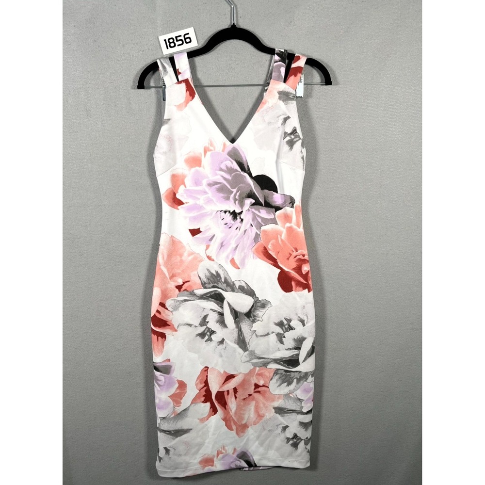 Premier Amour Sheath Dress Womens 2 White Pink Floral Stretch V Neck Back Zip